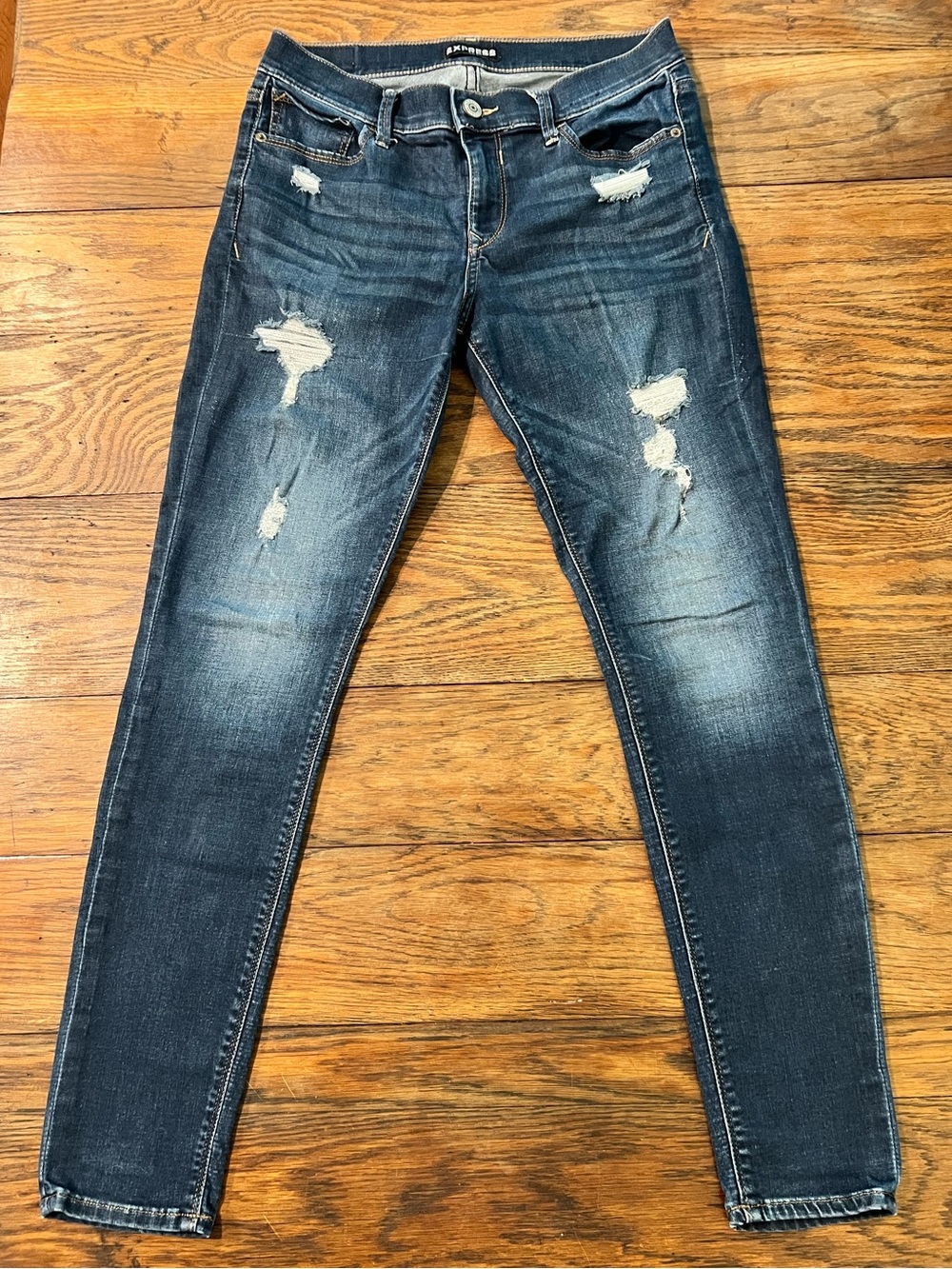 Express Women's Mid Rise Dark Blue Distressed Skinny Jeans